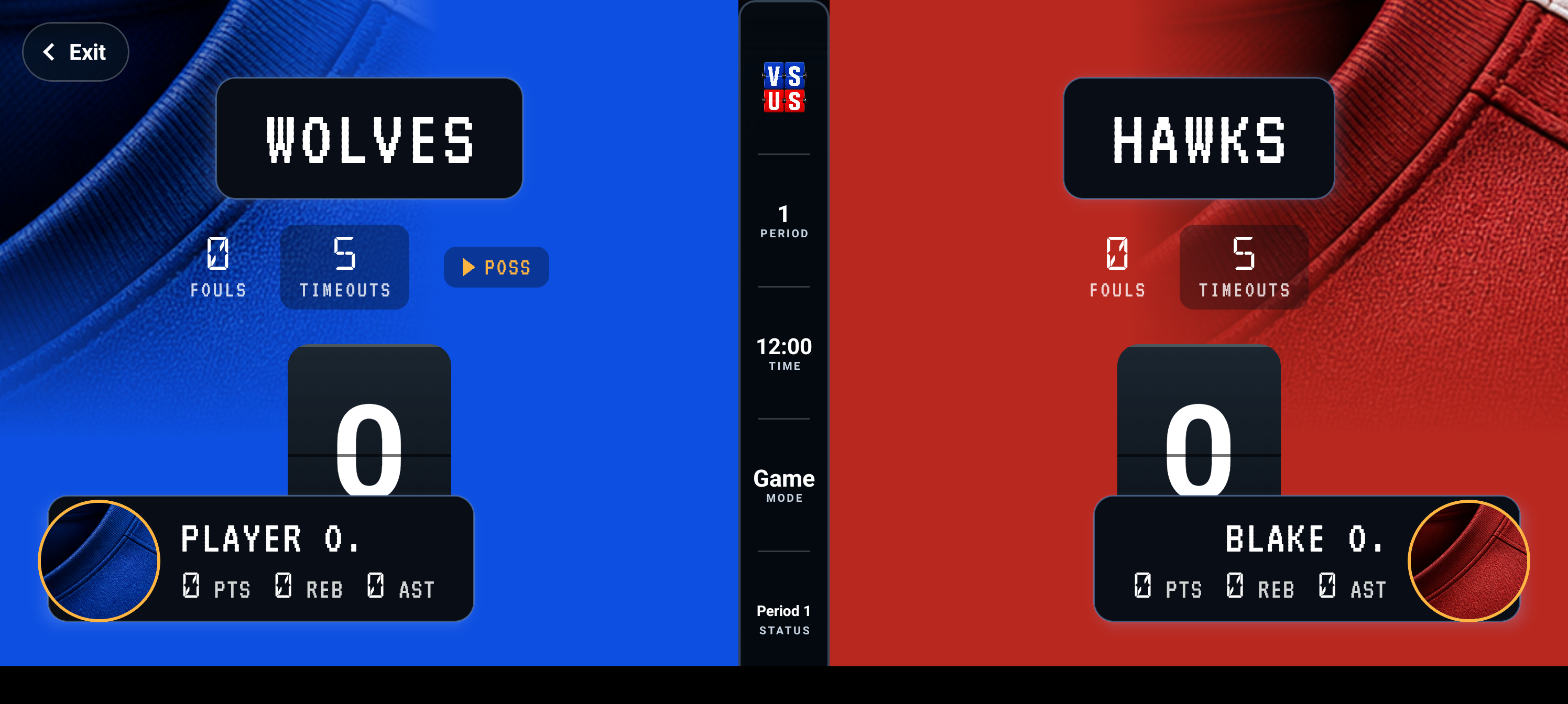 Current VS US Board display for a Wolves versus Hawks basketball game.