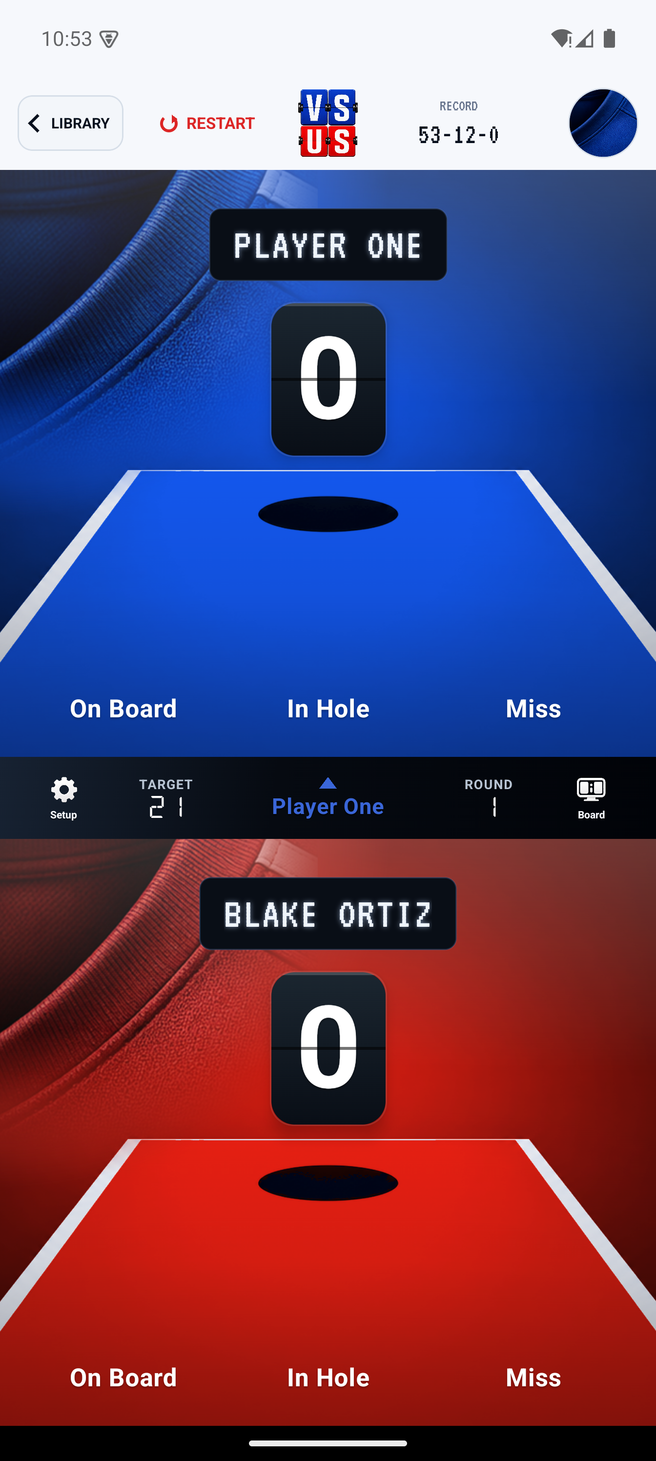VS US Cornhole scoring screen with On Board, In Hole, and Miss controls.
