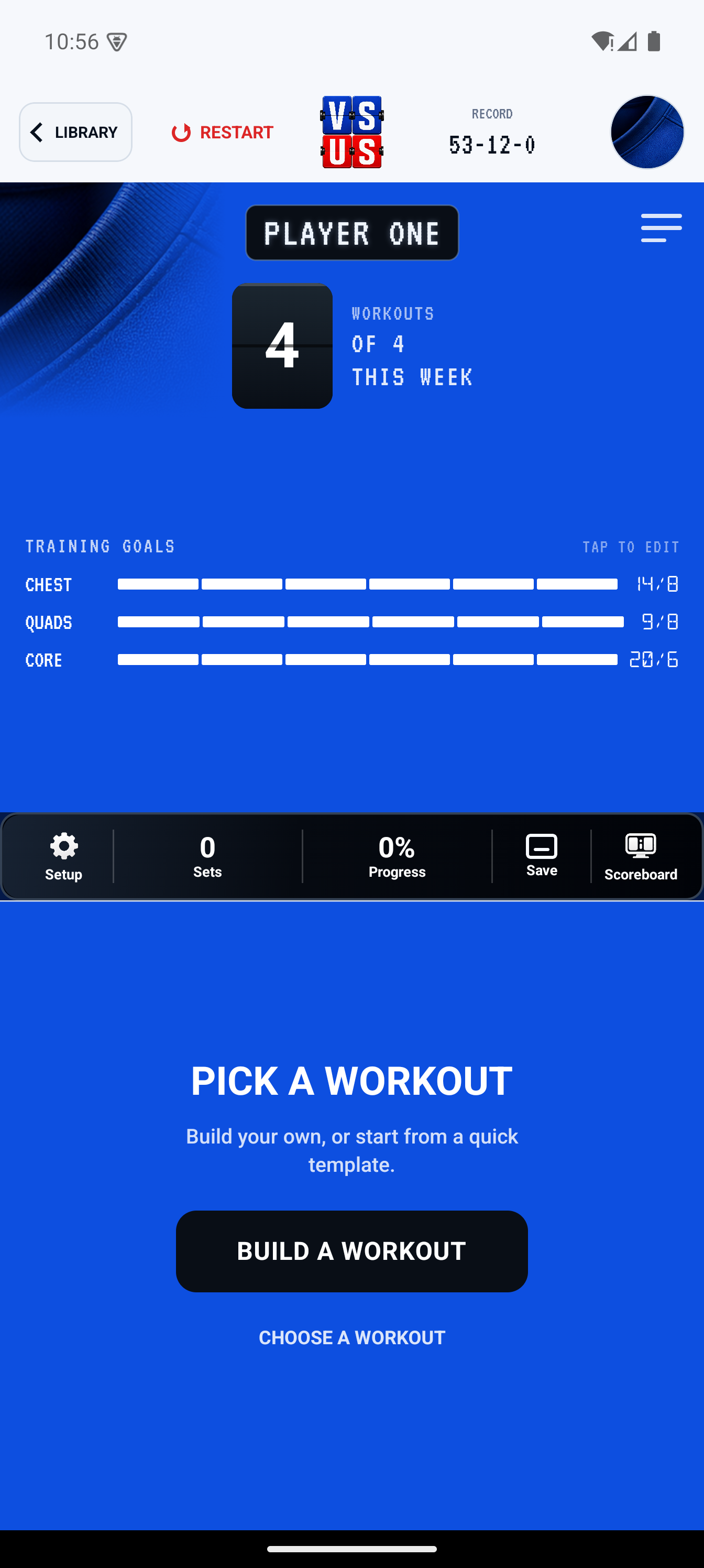 VS US Fitness screen showing weekly workouts, training goals, and workout selection controls.