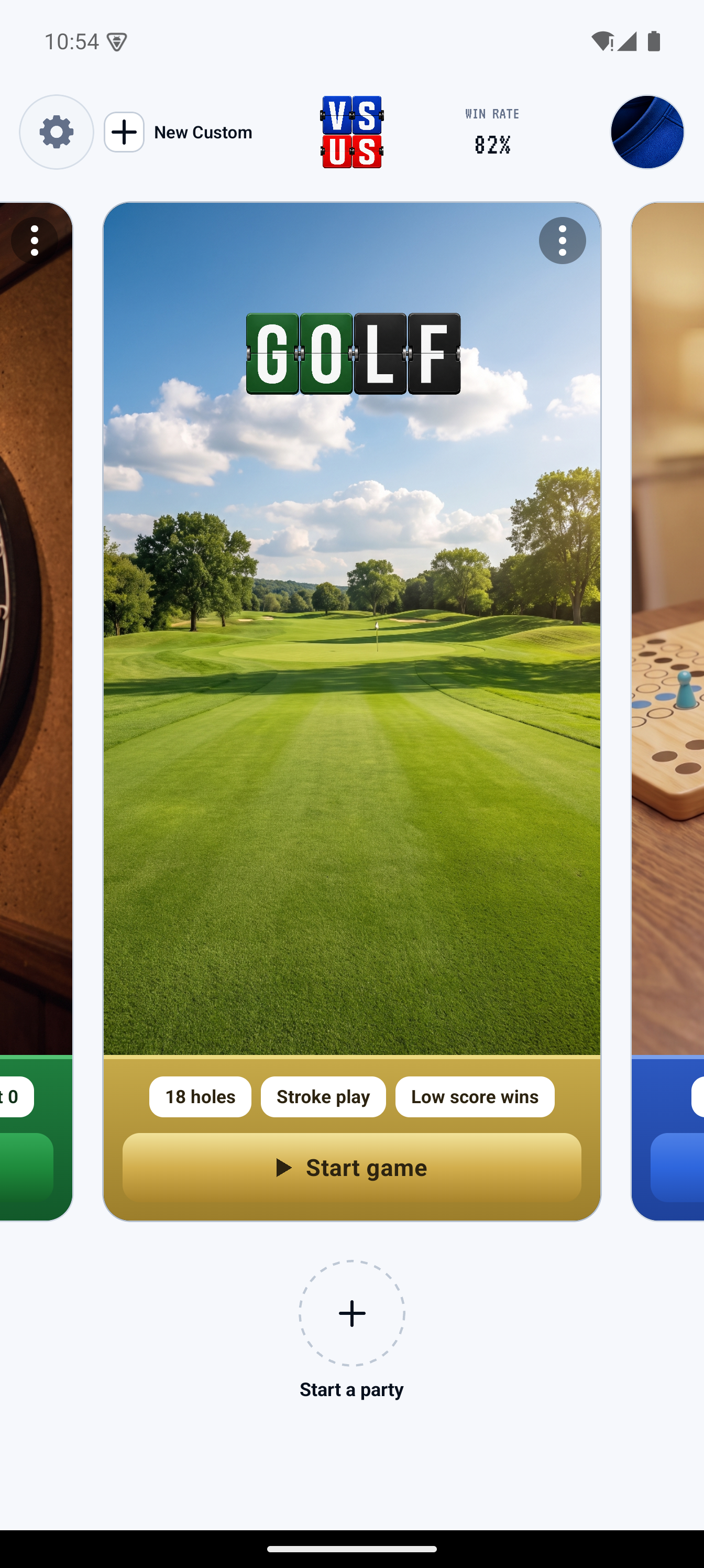 VS US Library Golf game card showing 18 holes and stroke play.