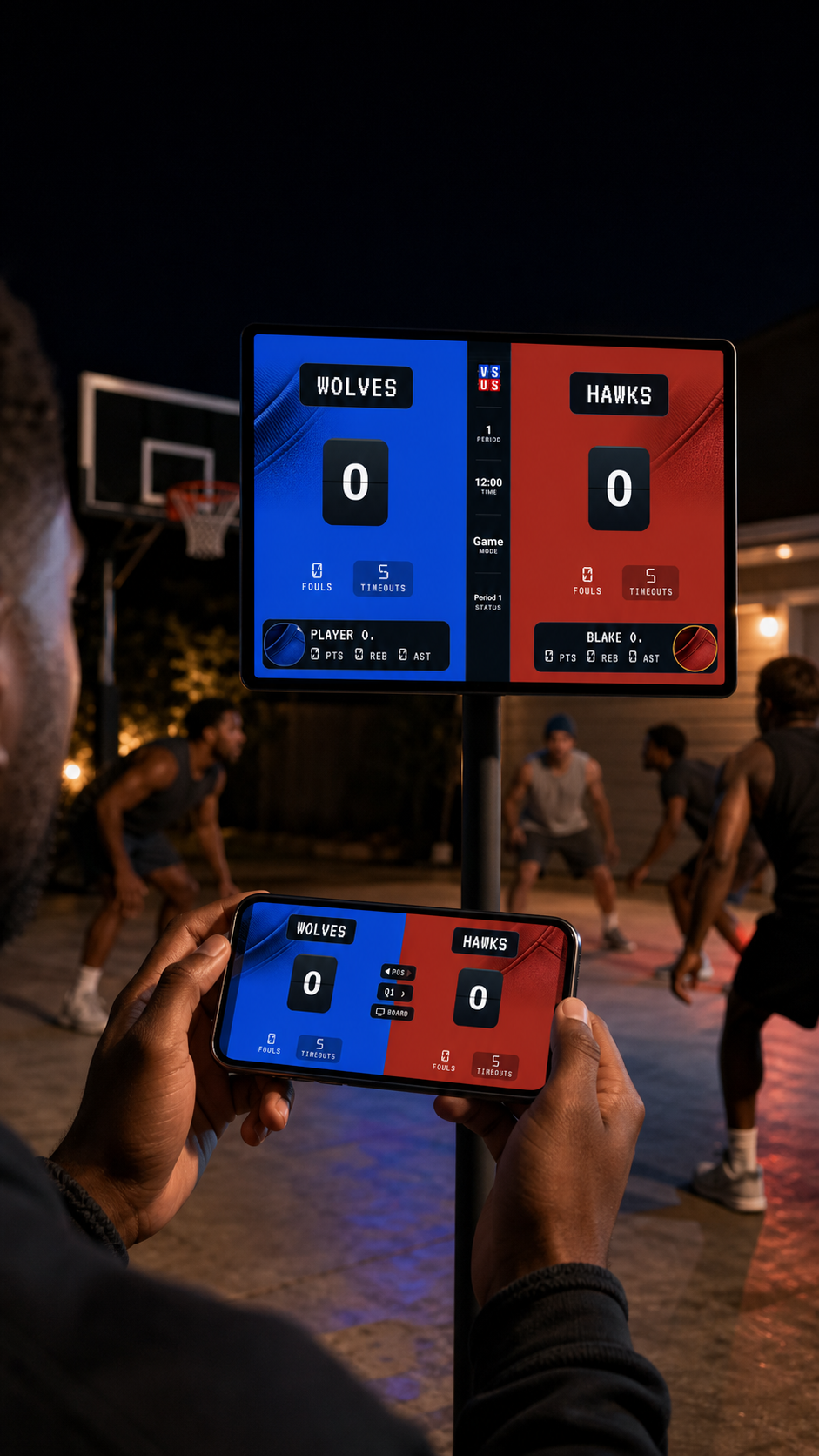 A VS US basketball scoreboard displayed beside a pickup basketball game.
